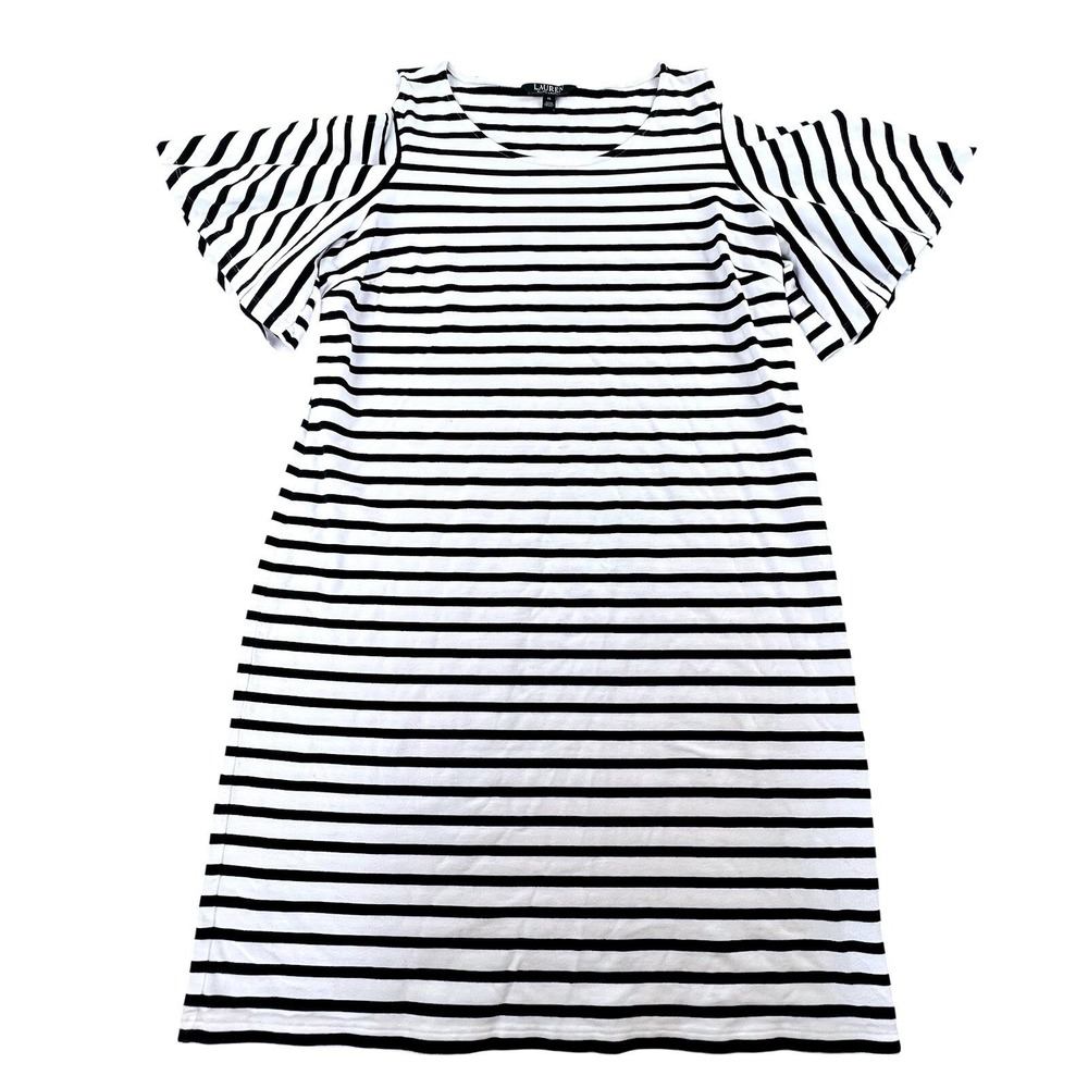 Lauren Ralph Lauren Striped Dress Womens XL Blk Wht Cotton Cold Shoulder Ruffle - Picture 2 of 11